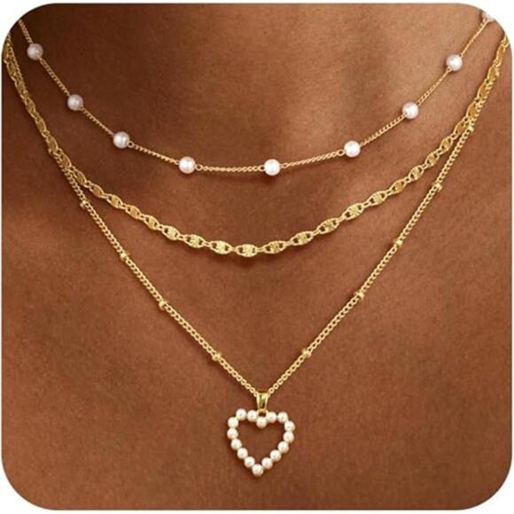 Layered Gold Pearl Heart Necklace | 14K Plated Chains - Picture 4 of 4
